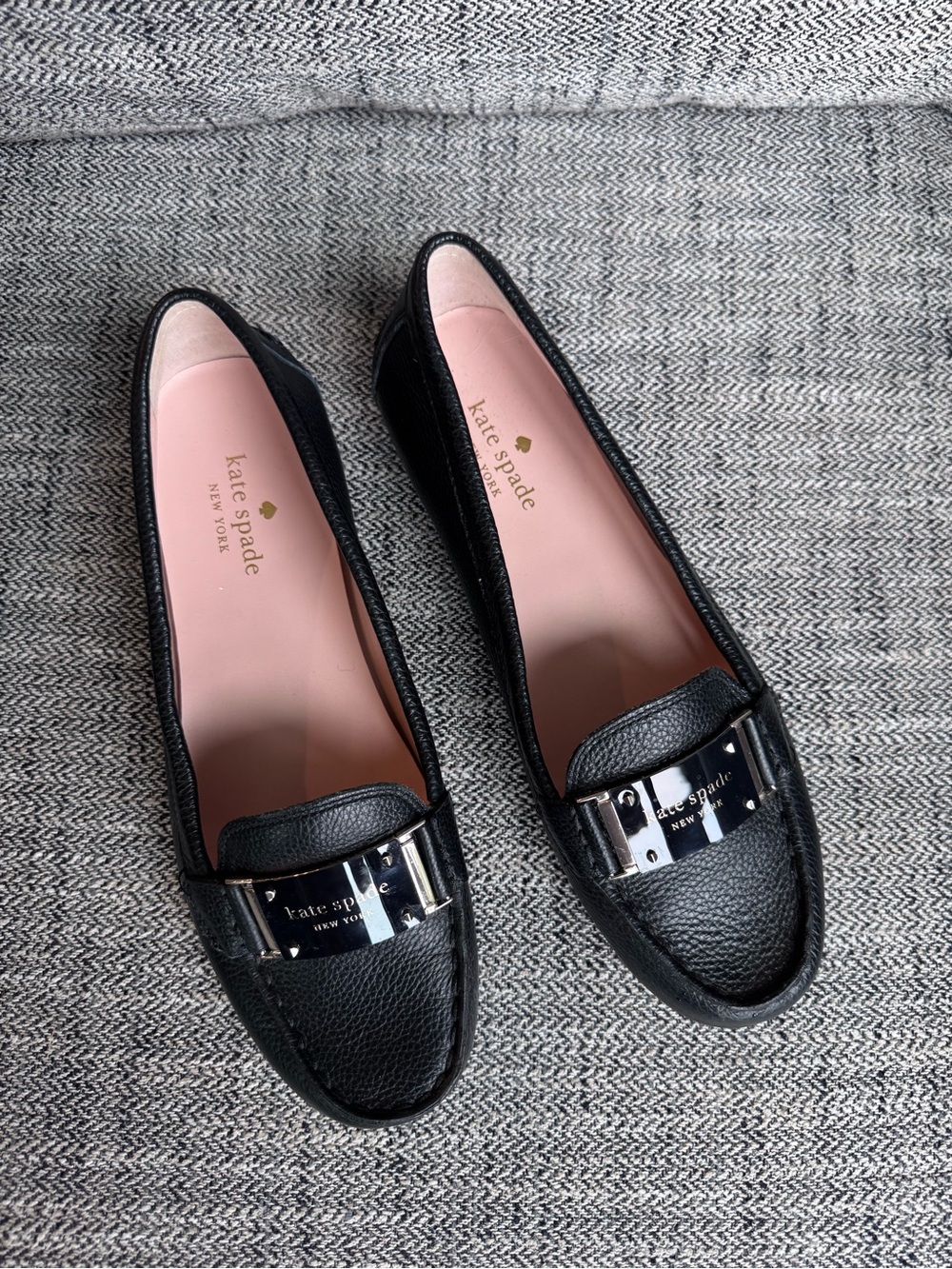 kate spade Cheshire -Black Leather Loafers with Pink Insole+ Polished Hardware